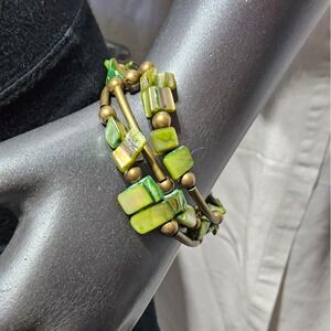 Green Shell Bead Bronze Tone Wrap Bracelet Boho Mother of Pearl Stacked Look
